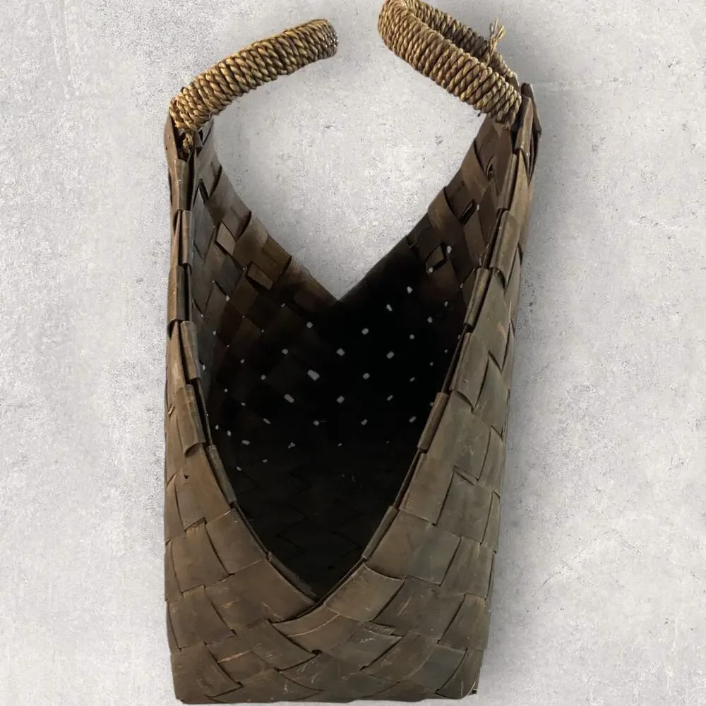 Rustic Flax Woven Basket Dark Wood Tote Farmhouse Decor Bag Purse w/ Handles